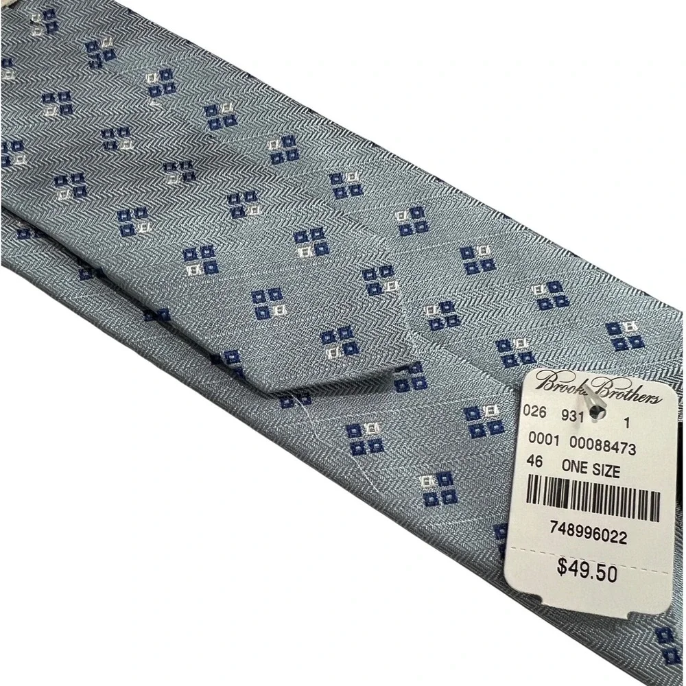 Brooks‎ Brothers Tie Men OS Blue Geometric Silk Red Fleece Herringbone USA B48
